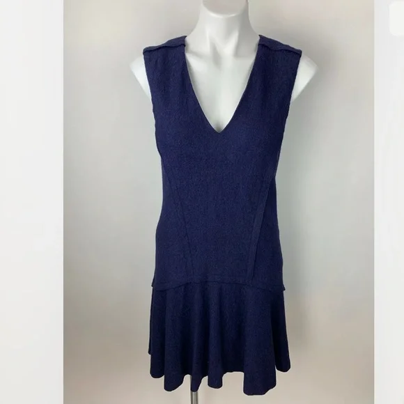 Ann Taylor Petite Navy Boiled Wool Sleeveless V neck Flounce Dress, Size 4P - Picture 4 of 14